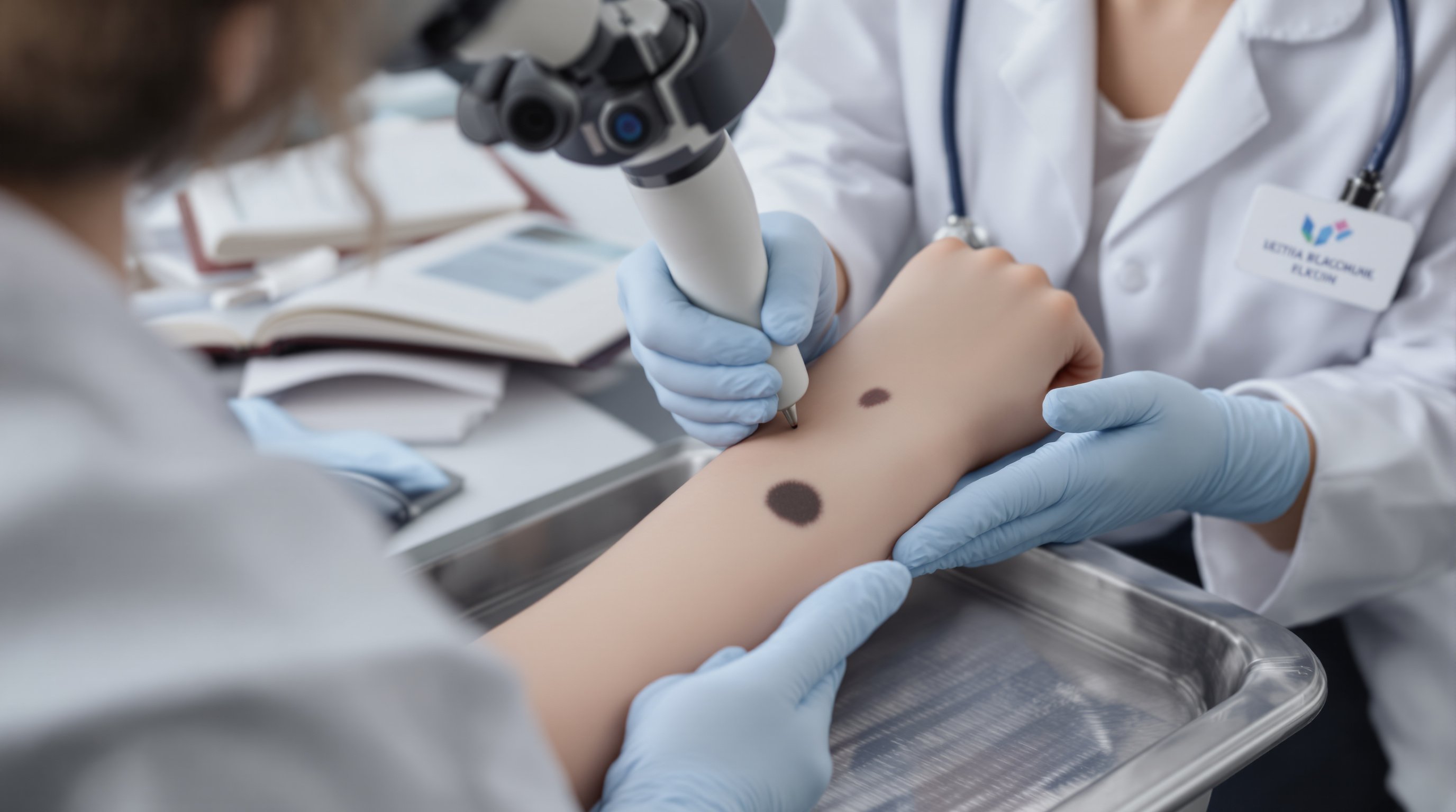 Dermatologist examining a symmetric mole and an irregular lesion on a patient’s forearm.