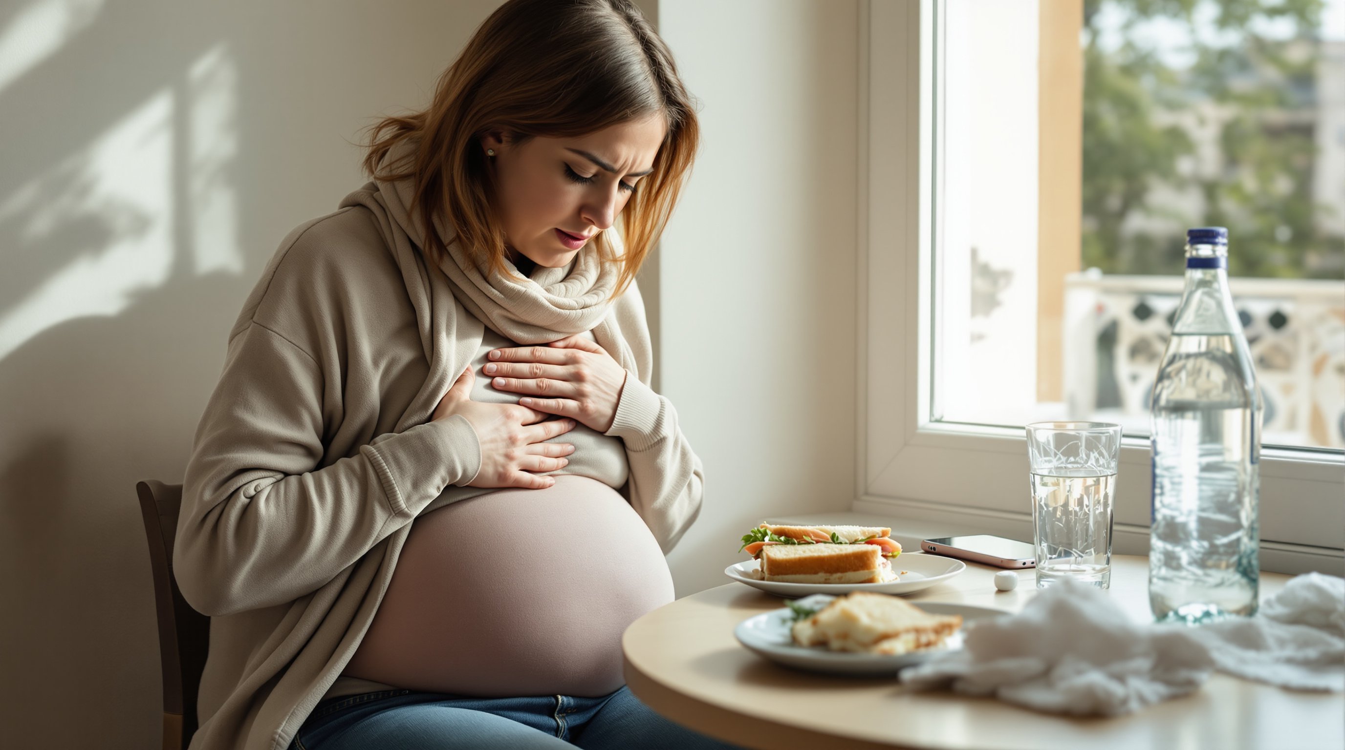 Woman holding bloated abdomen at kitchen table with sparkling water and medications.