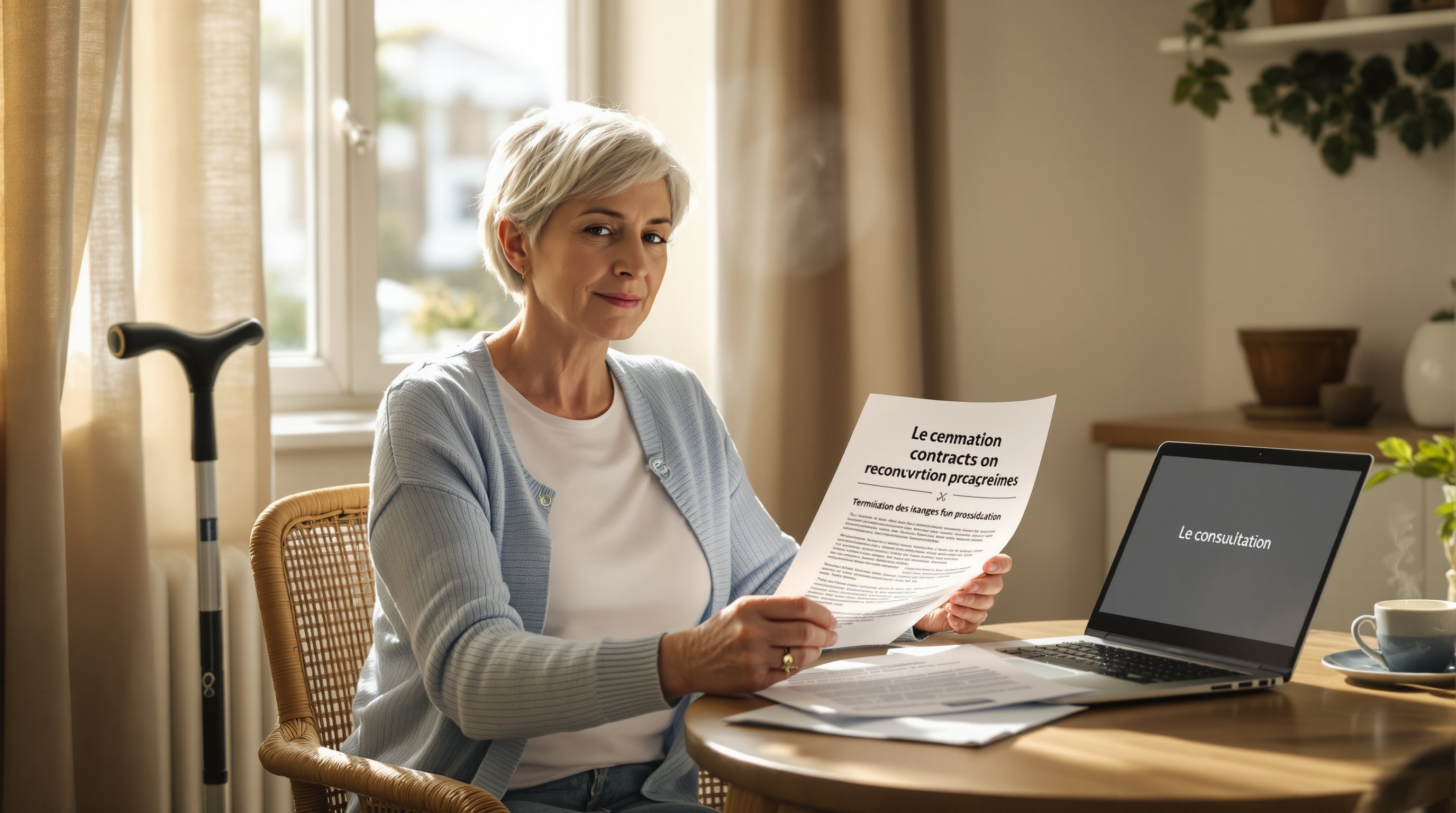 Middle-aged woman reviewing medical and work papers at a sunny kitchen table.