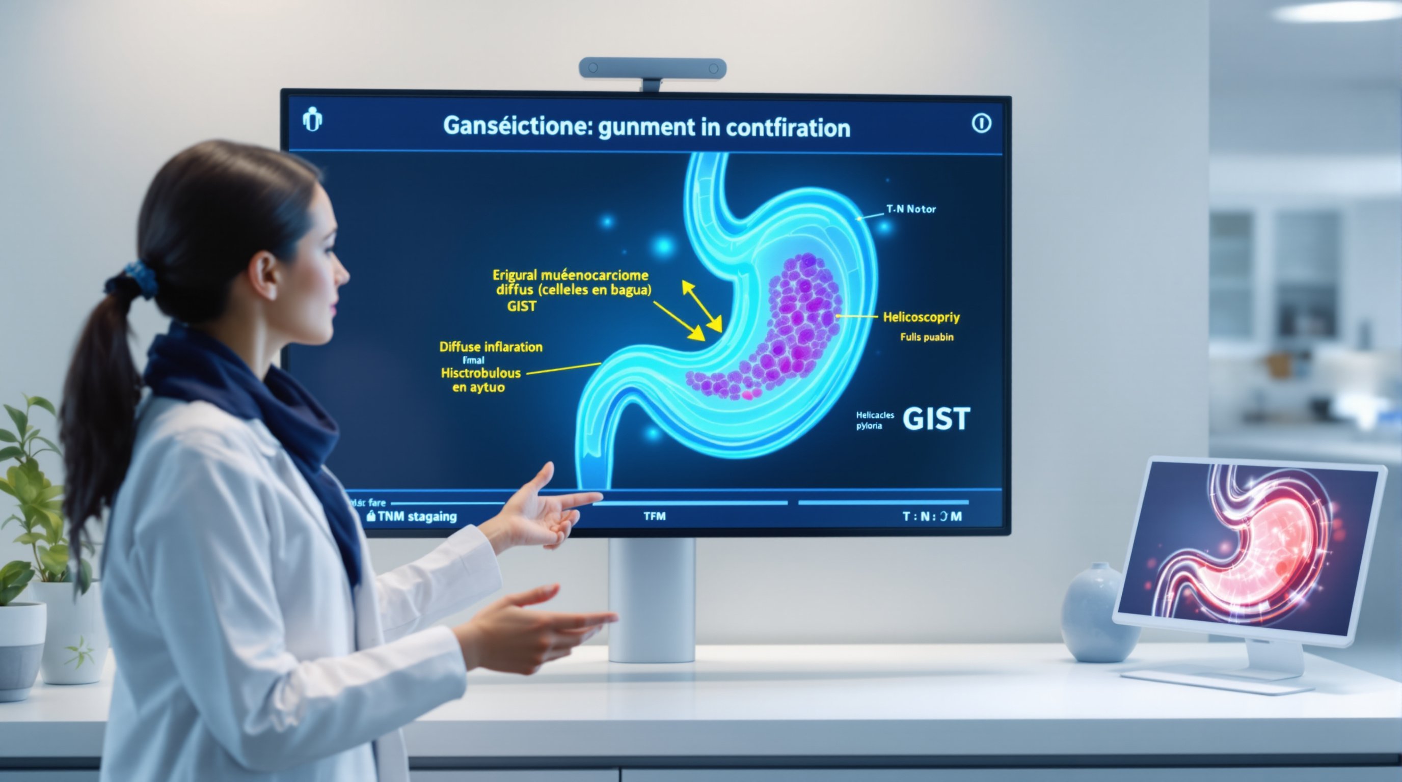 French doctor explaining stomach cancer with labeled stomach diagram.